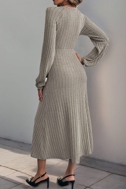 Smoke Gray Solid Long Sleeve V-Neck Button Tie Hem Dress