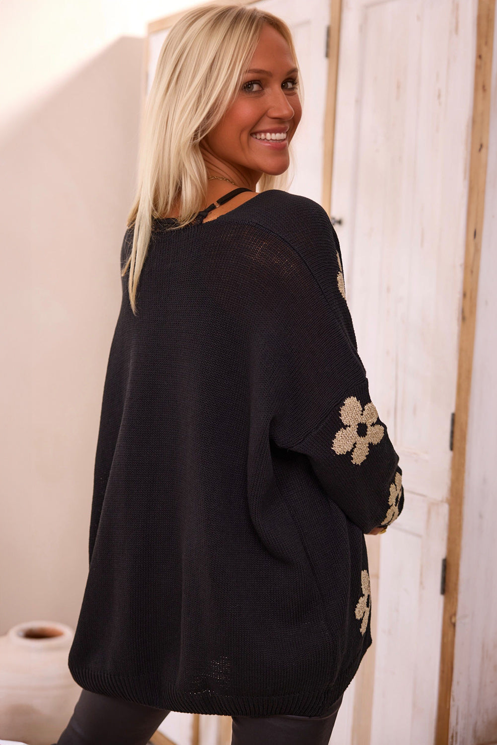 Black 60s Vintage Flower Drop Shoulder Cardigan