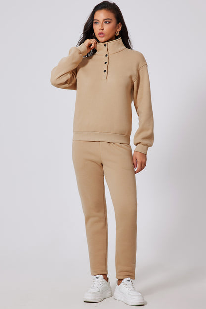 Parchment Solid Half Button Sweatshirt and High Waist Pants Set