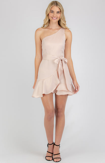 Satin One Shoulder Mini Dress with Rufffle hem