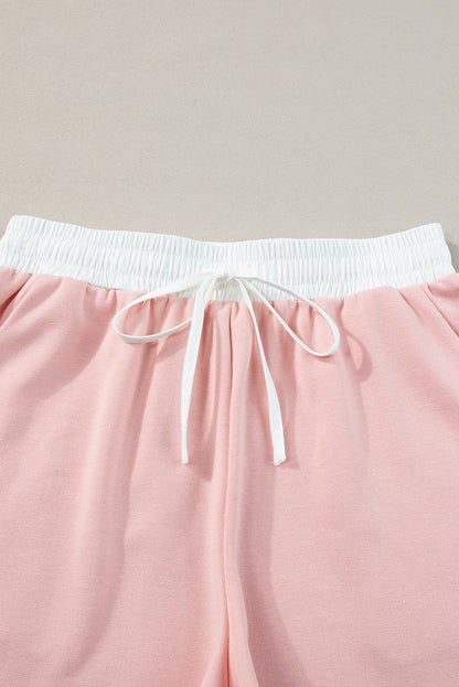 Light Pink Contrast Trim Ruffled Top & Drawstring Shorts Set