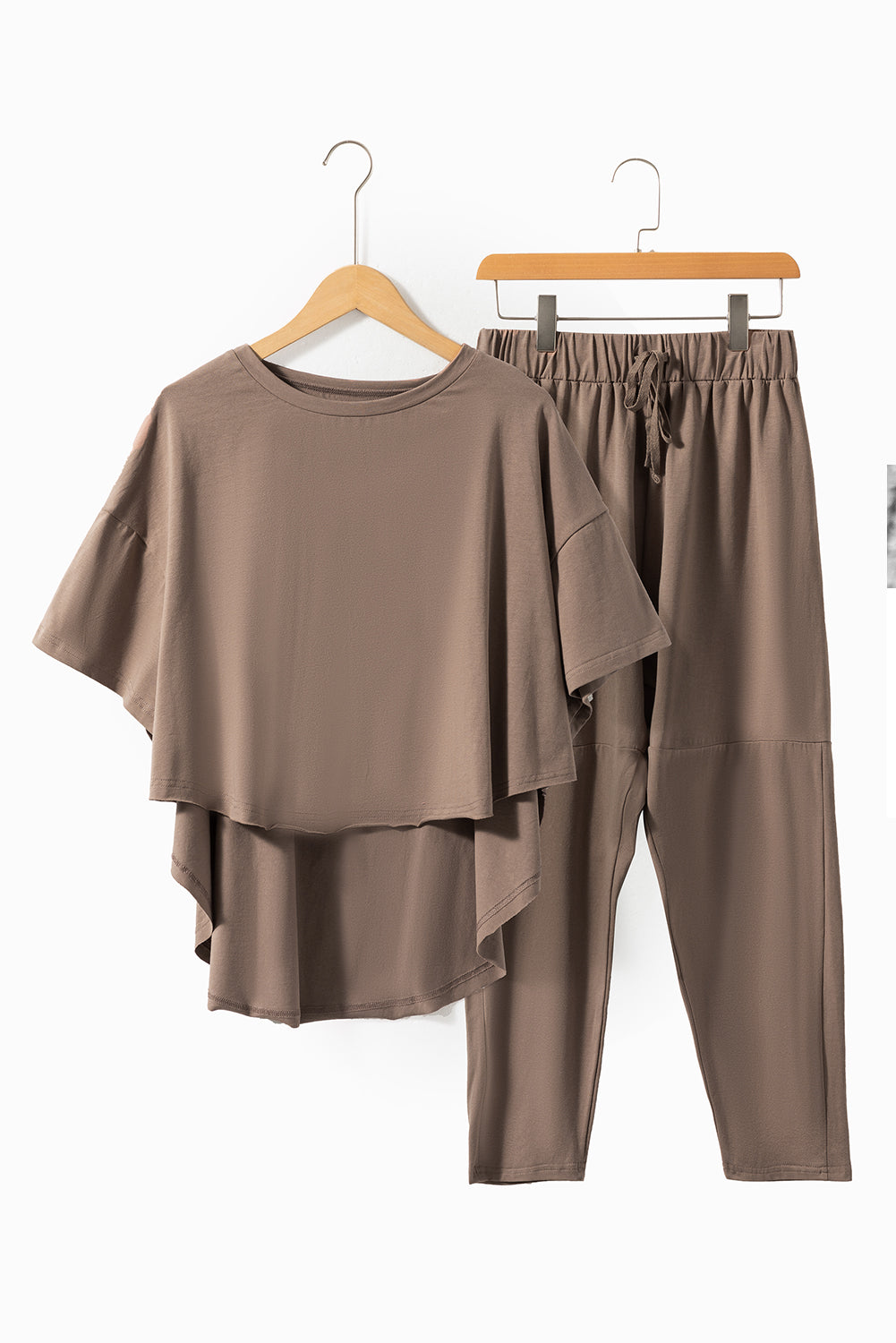 Taupe Batwing Sleeve High Low Tee and Drawstring Crop Pants Set