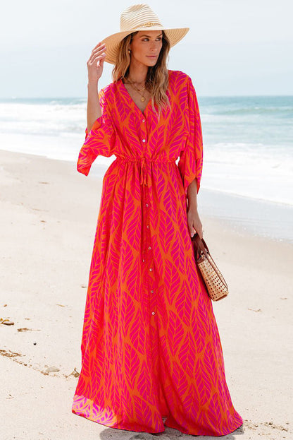 Orange Leafy Print 3/4 Sleeve V Neck Buttoned Split Maxi Dress