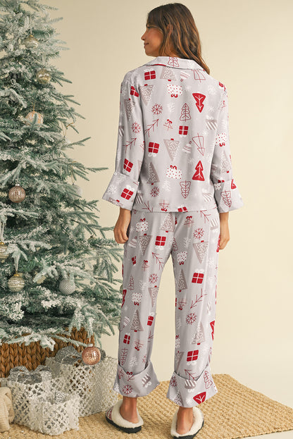 Light Grey Christmas Deer Printed Shirt and Pants Pajama Set