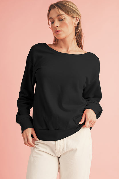 Black Bowknot Plain Round Neck Sweatshirt