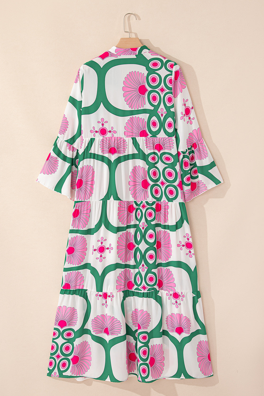 Pink Boho Abstract Button V Neck Oversized Maxi Dress