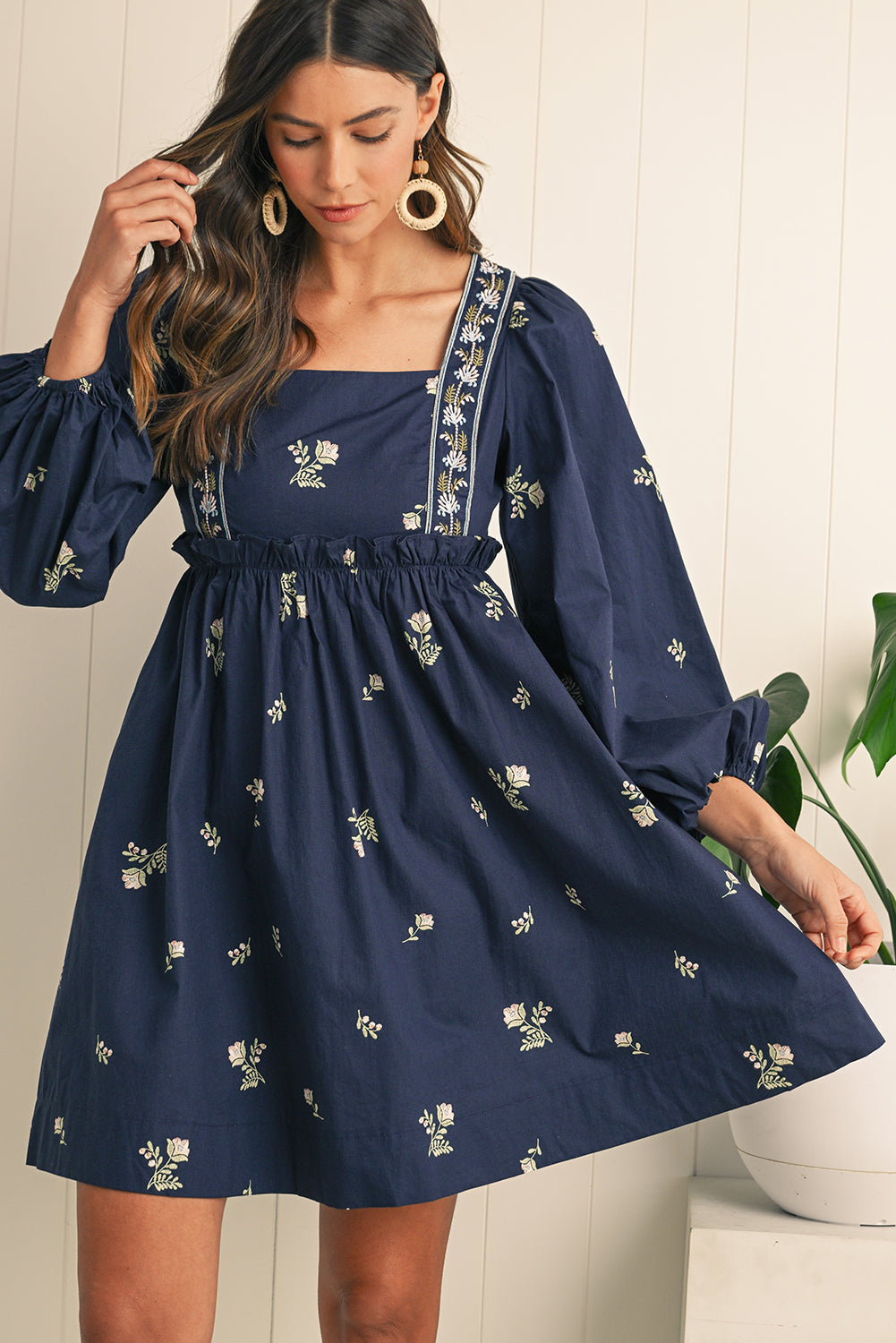 Blue Floral Embroidered Puff Sleeve Babydoll Dress