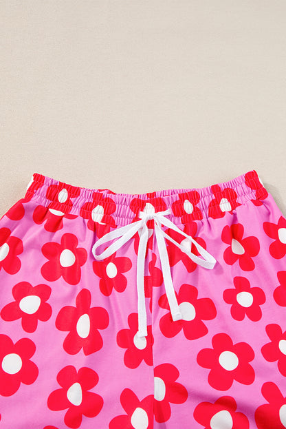 Pink Flower Print Buttoned Shirt and Drawstring Waist Pajama Set