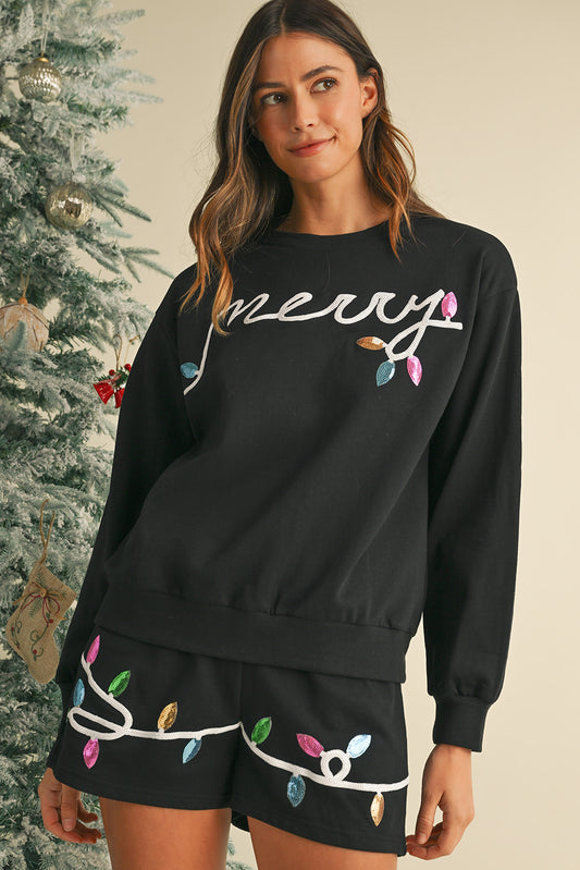 Black Sequin Merry Graphic Pullover and Shorts Set