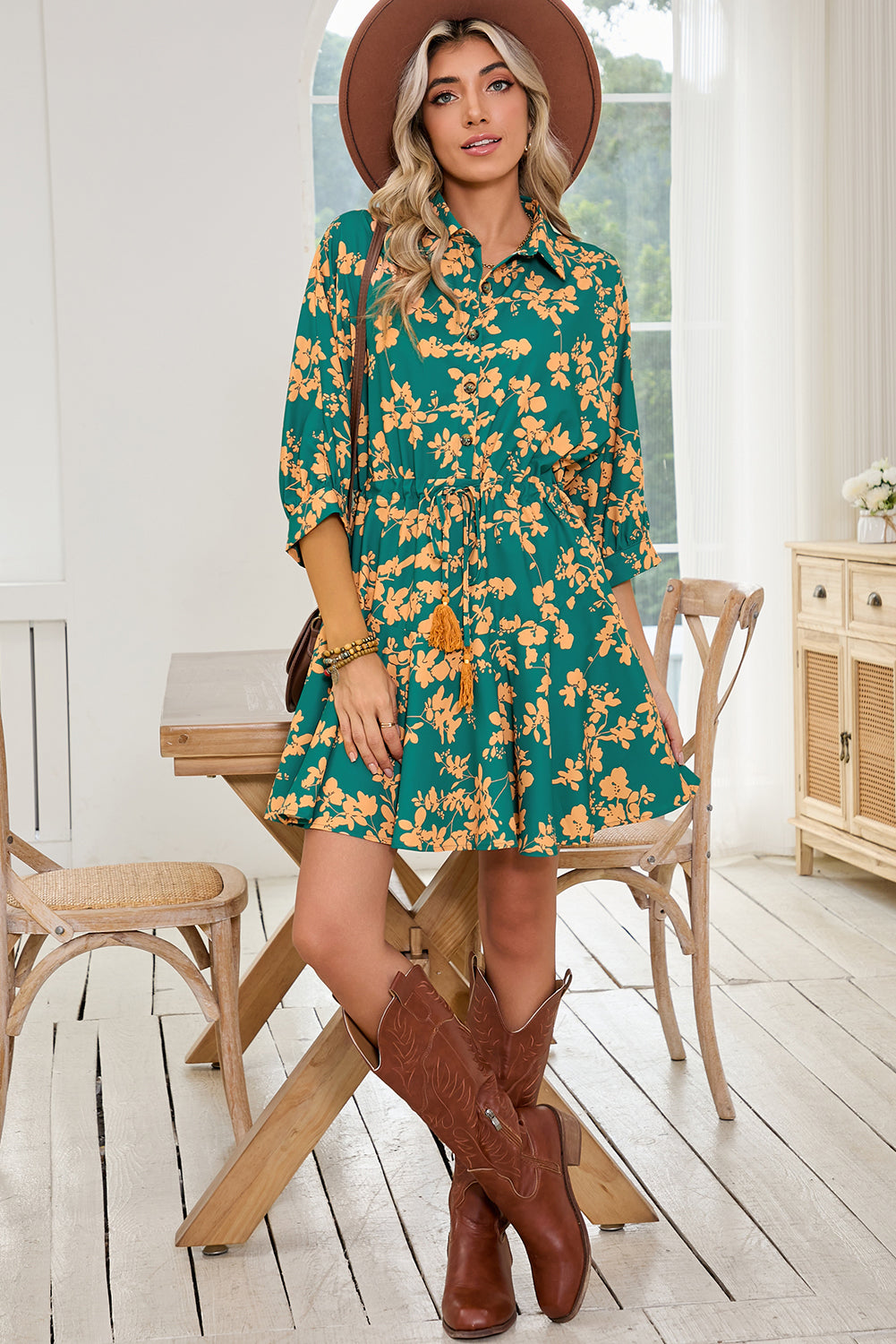 Pink Floral Print Drawstring Flowy Short Dress