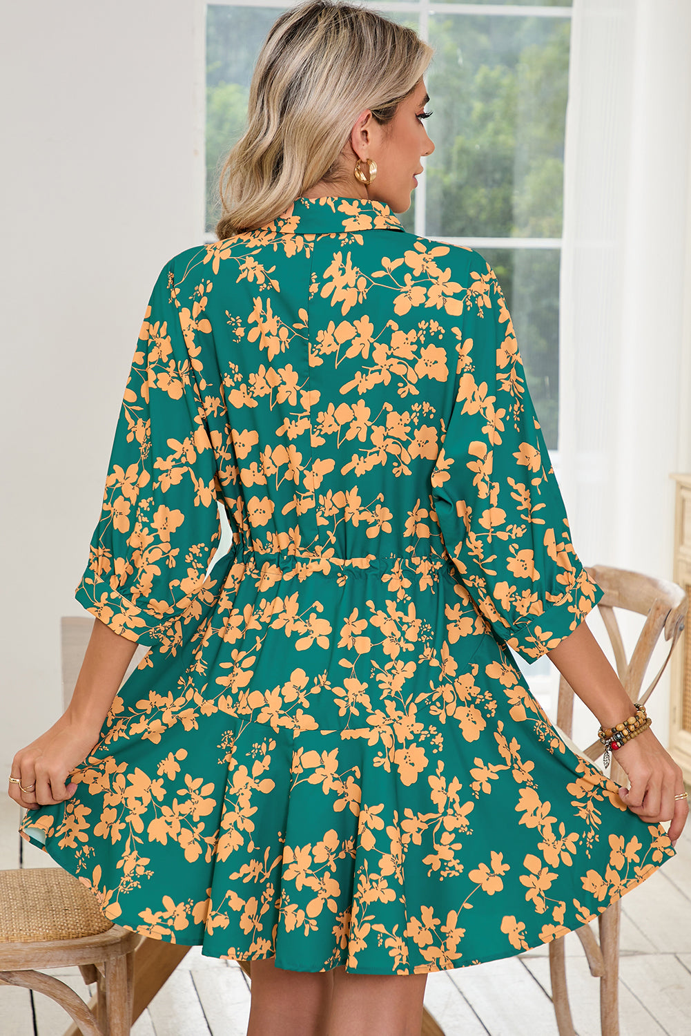 Pink Floral Print Drawstring Flowy Short Dress