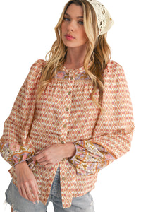 Multicolour Boho Floral Puff Sleeve V-Neck Button Blouse