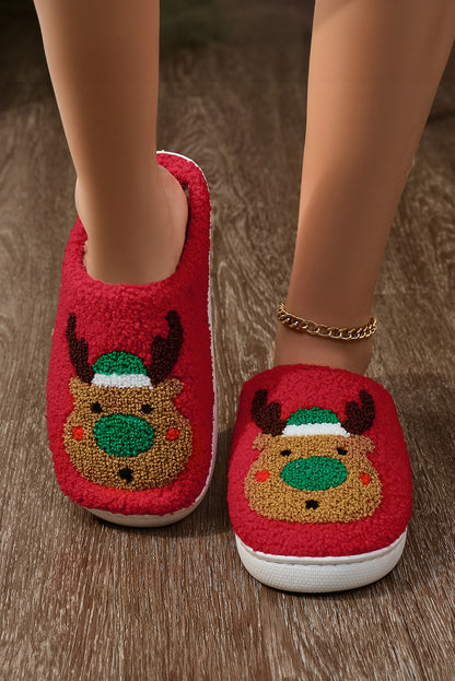 Fiery Red Christmas Reindeer Pattern Thick Sole Plush Slippers