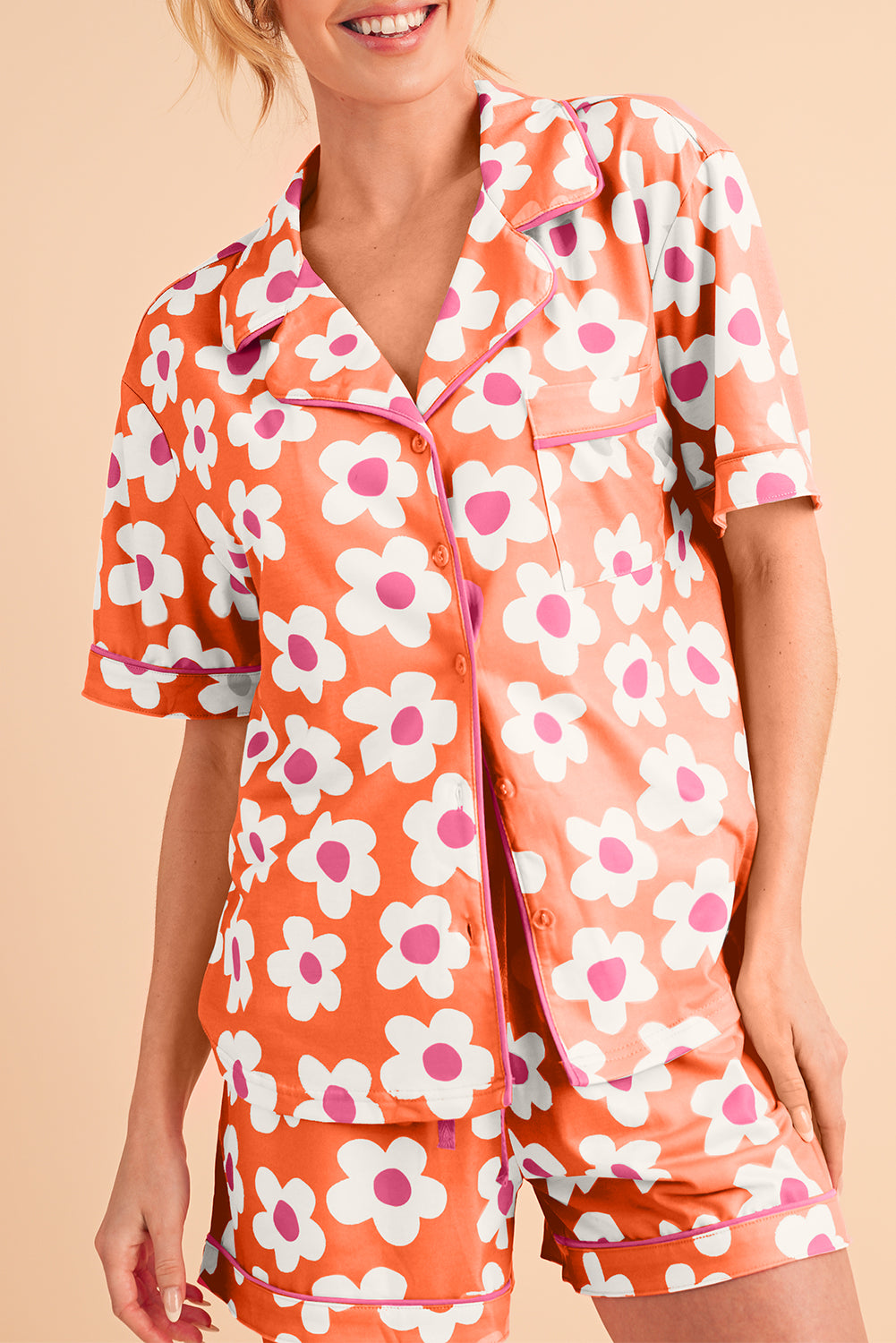 Pink Flower Print Buttoned Shirt and Drawstring Waist Pajama Set