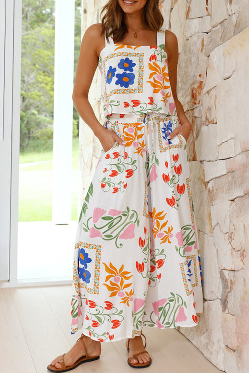 White Square Neck Tank & Wide Leg Pants Boho Floral Set