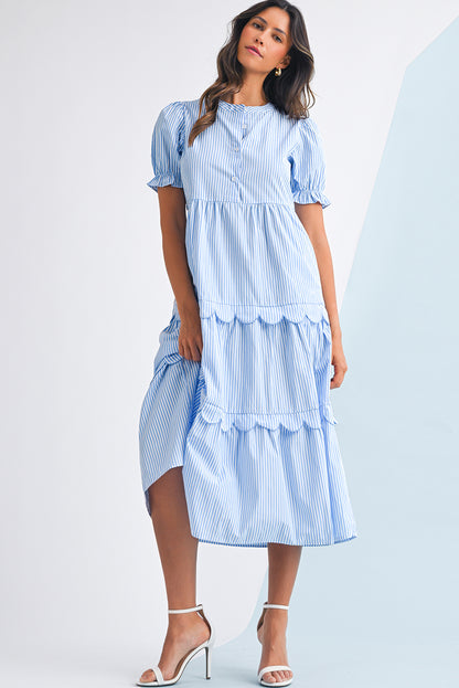Sky Blue Stripe Bubble Sleeve Scallop Tiered Dress