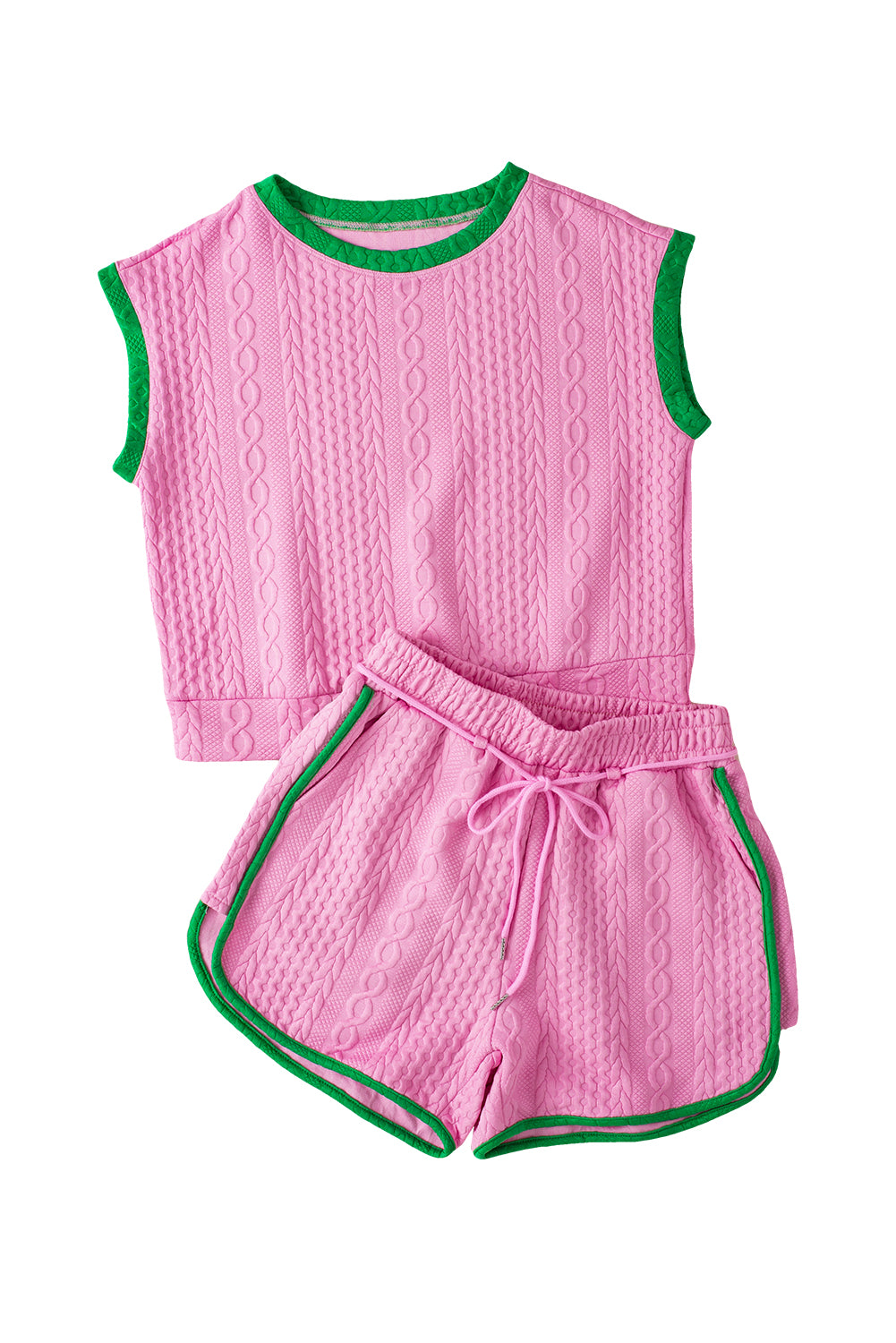 Pink Textured Contrast Trim Tee & Drawstring Shorts Set