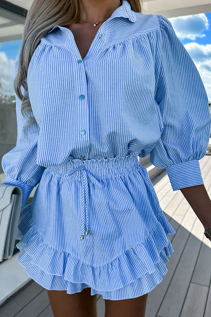 Sky Blue Striped Puff Sleeve Blouse and Ruffle Mini Skirt Set