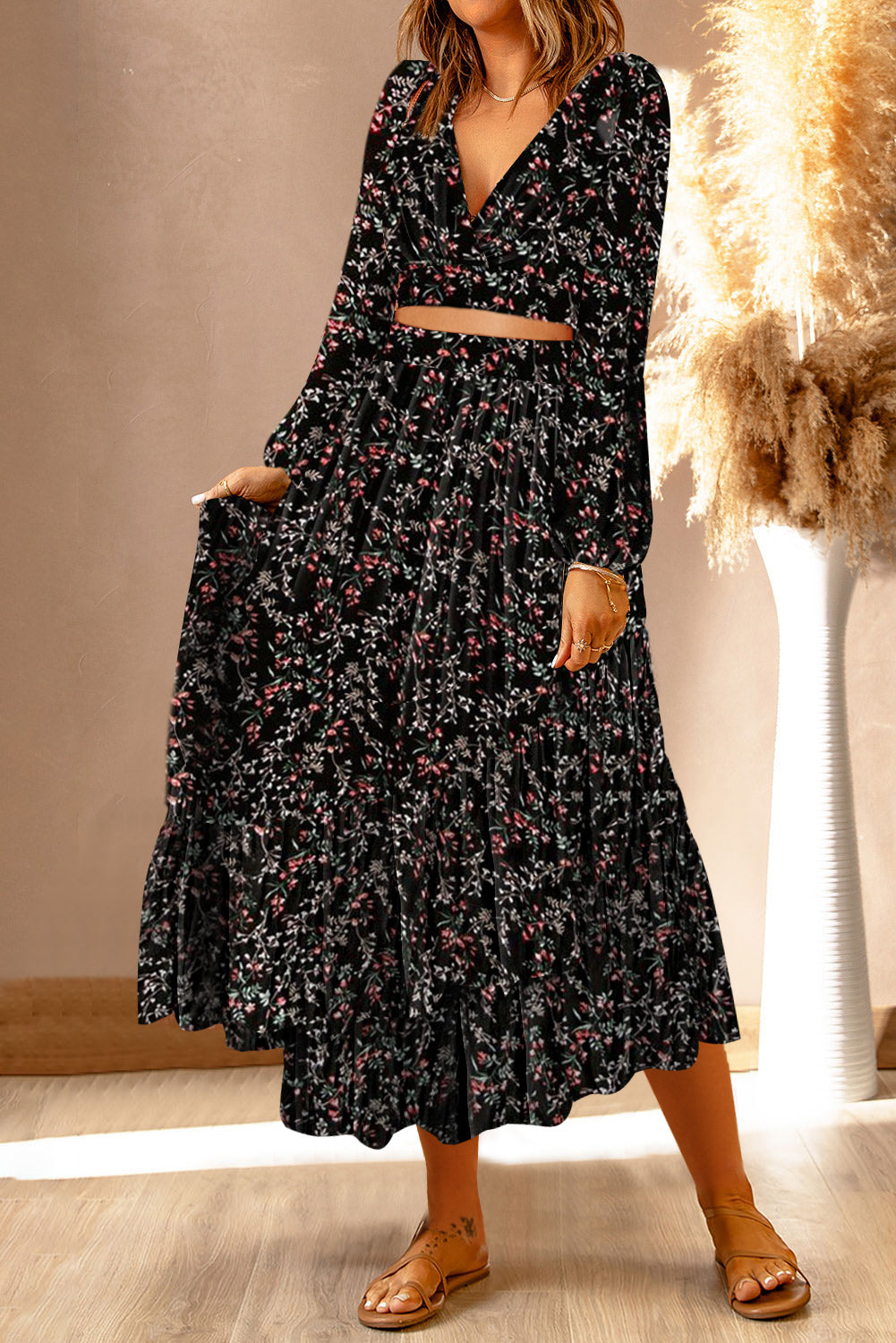 Black Floral Print V Neck Cropped Top Midi Skirts Set