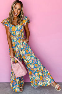 Yellow Floral Allover Print Shirred Cut Out High Waist Jumpsuit