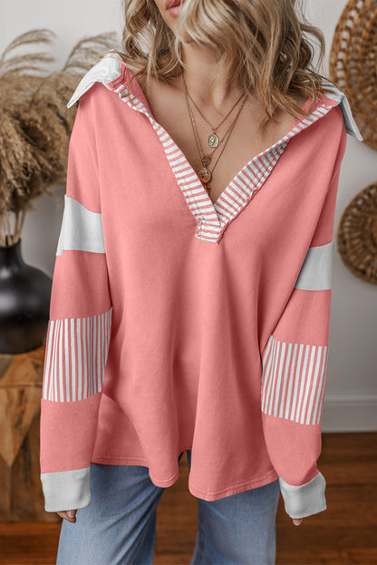 Dark Blue Striped Patchwork Collar Sweatshirt