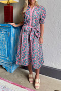 Pink Boho Floral Shirred Short Sleeve Belted Dress