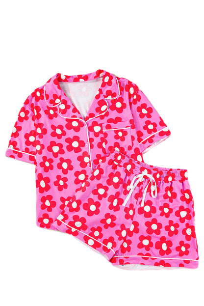 Pink Flower Print Buttoned Shirt and Drawstring Waist Pajama Set