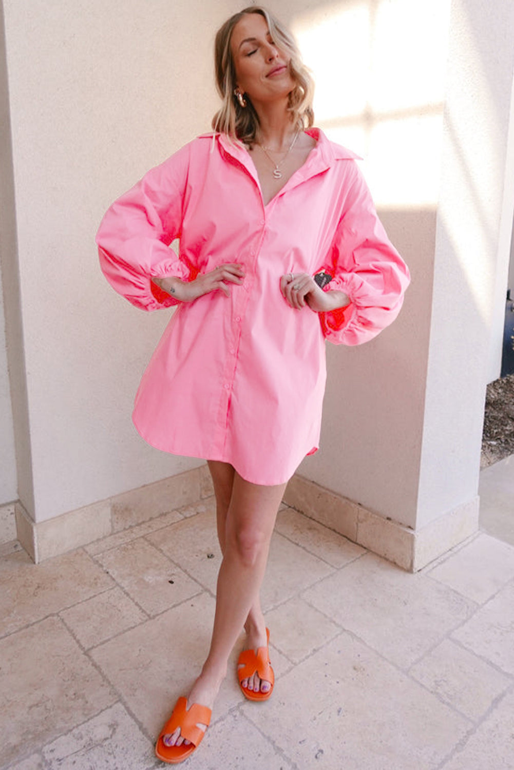 Bright Pink Plain Bishop Sleeve Button Up Shirt Dress