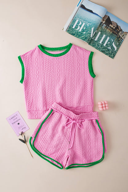 Pink Textured Contrast Trim Tee & Drawstring Shorts Set