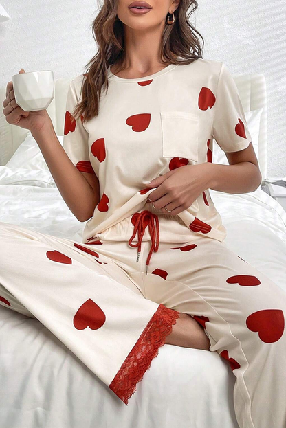 White Heart Print Tee and Lace Hem Pants Pajama Set