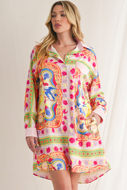 Multicolour Abstract Print Button Long Sleeve Shirt Dress
