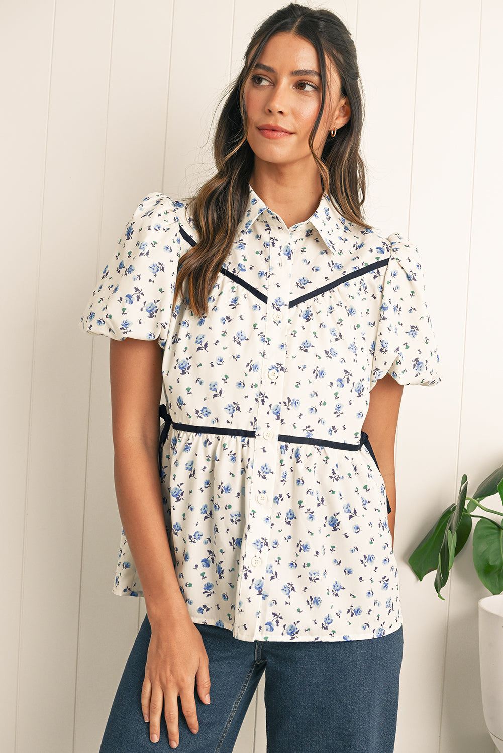 White Boho Ditsy Floral Puff Sleeve Pleated Shirt