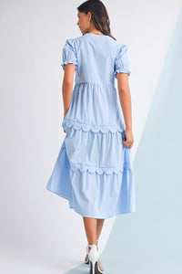 Sky Blue Stripe Bubble Sleeve Scallop Tiered Dress