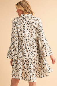 Khaki Leopard Button V Neck Pocket Flowy Mini Dress