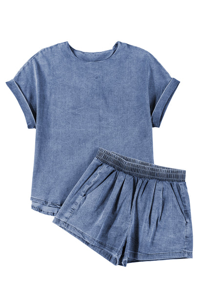 Light Blue Denim Loose Fit Tee and Shorts Set