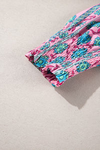 Pink Boho Floral Shirred Short Sleeve Belted Dress