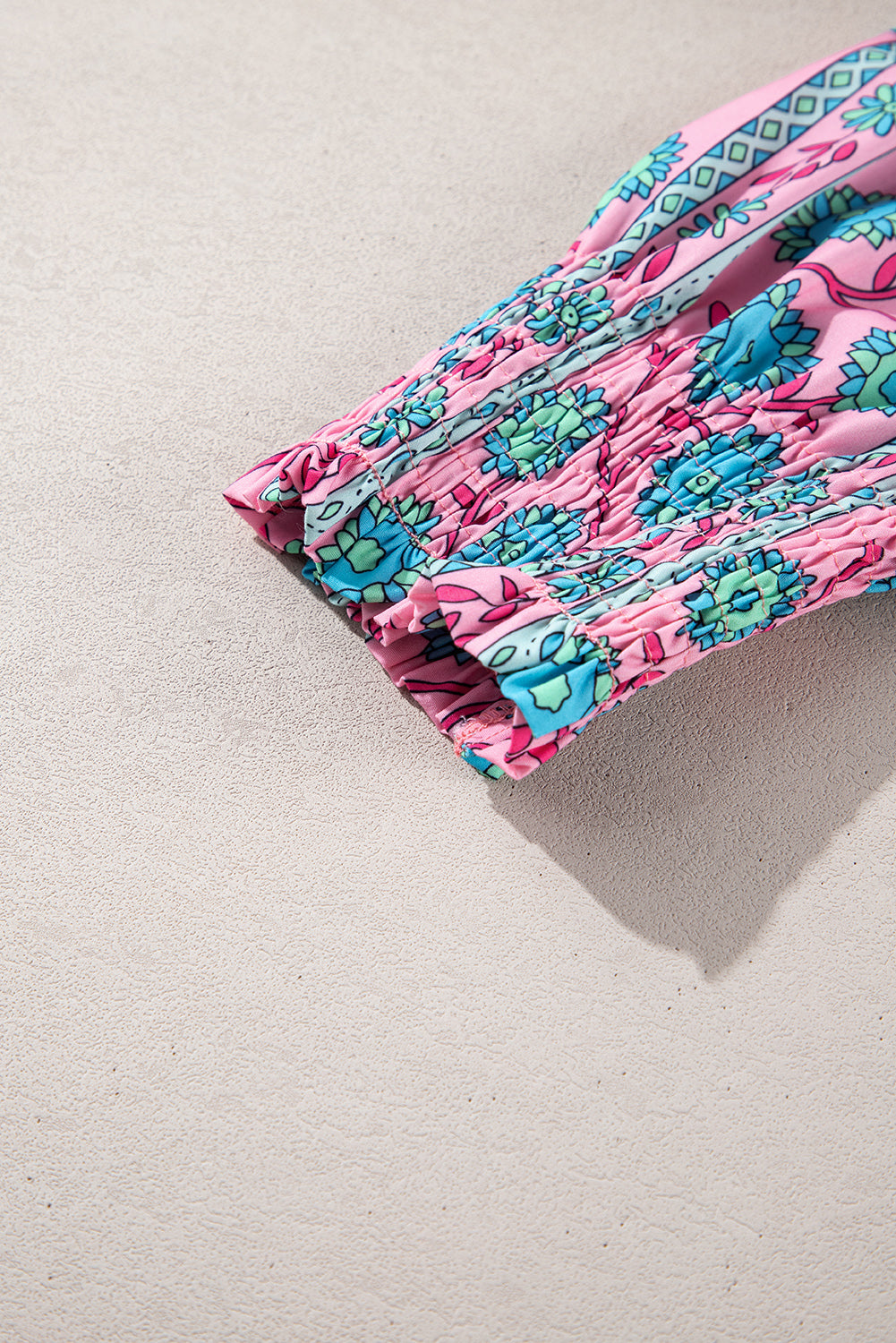 Pink Boho Floral Shirred Short Sleeve Belted Dress