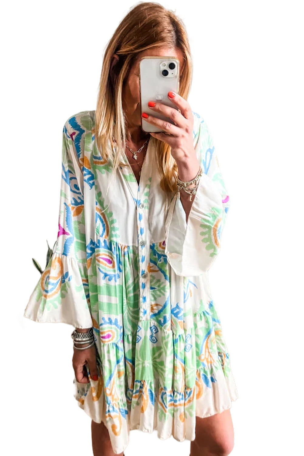 Green Ethnic Print Boho Tiered Mini Flowy Dress