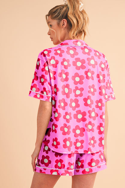 Pink Flower Print Buttoned Shirt and Drawstring Waist Pajama Set