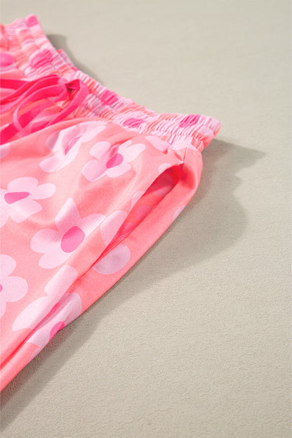 Pink Flower Print Buttoned Shirt and Drawstring Waist Pajama Set