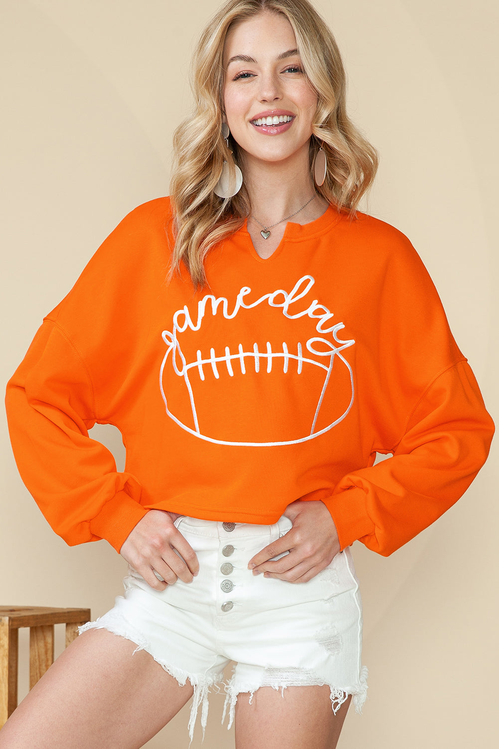 Bright White Game Day Lettering Rugby Notched Neck Cropped Sweatshirt