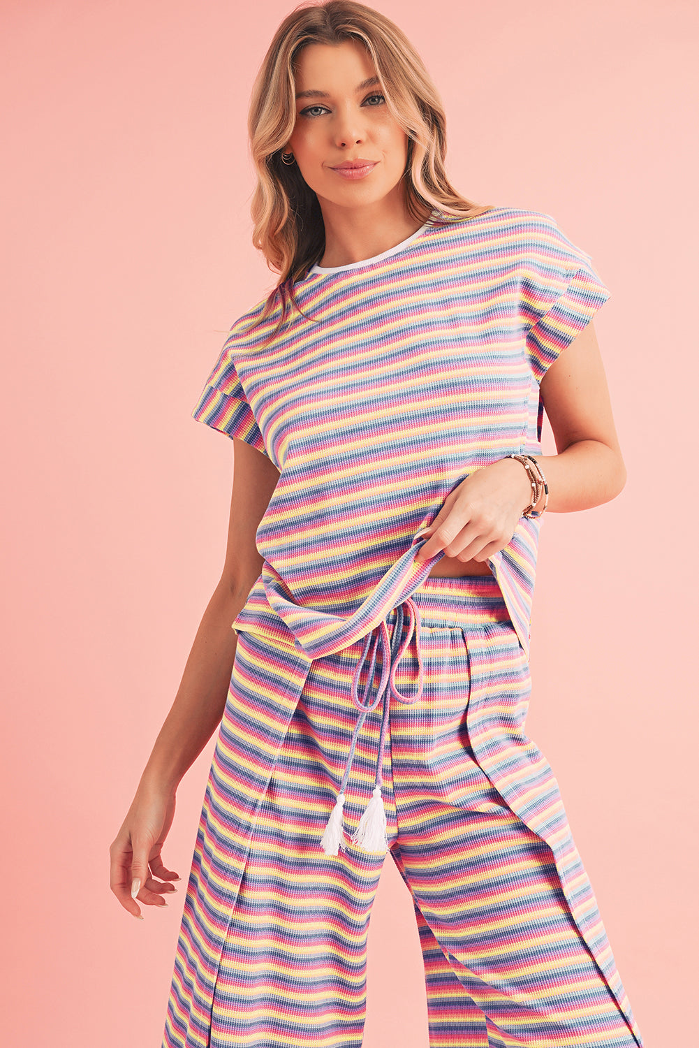 Pink Stripe Rainbow Tee and Tassel Drawstring Wide Leg Pants Set