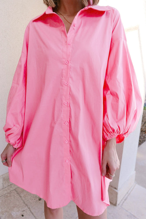 Bright Pink Plain Bishop Sleeve Button Up Shirt Dress