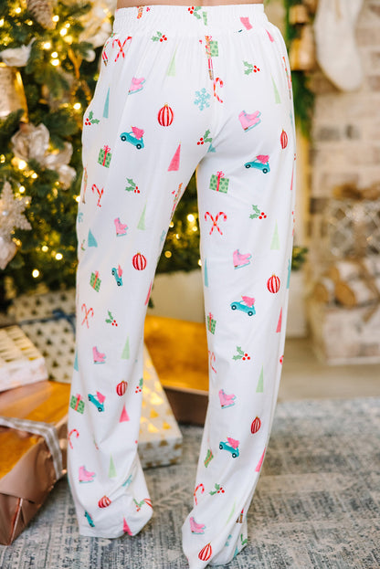 White Christmas Print Lapel Shirt and Pants Pajama Set