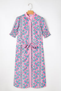 Pink Boho Floral Shirred Short Sleeve Belted Dress