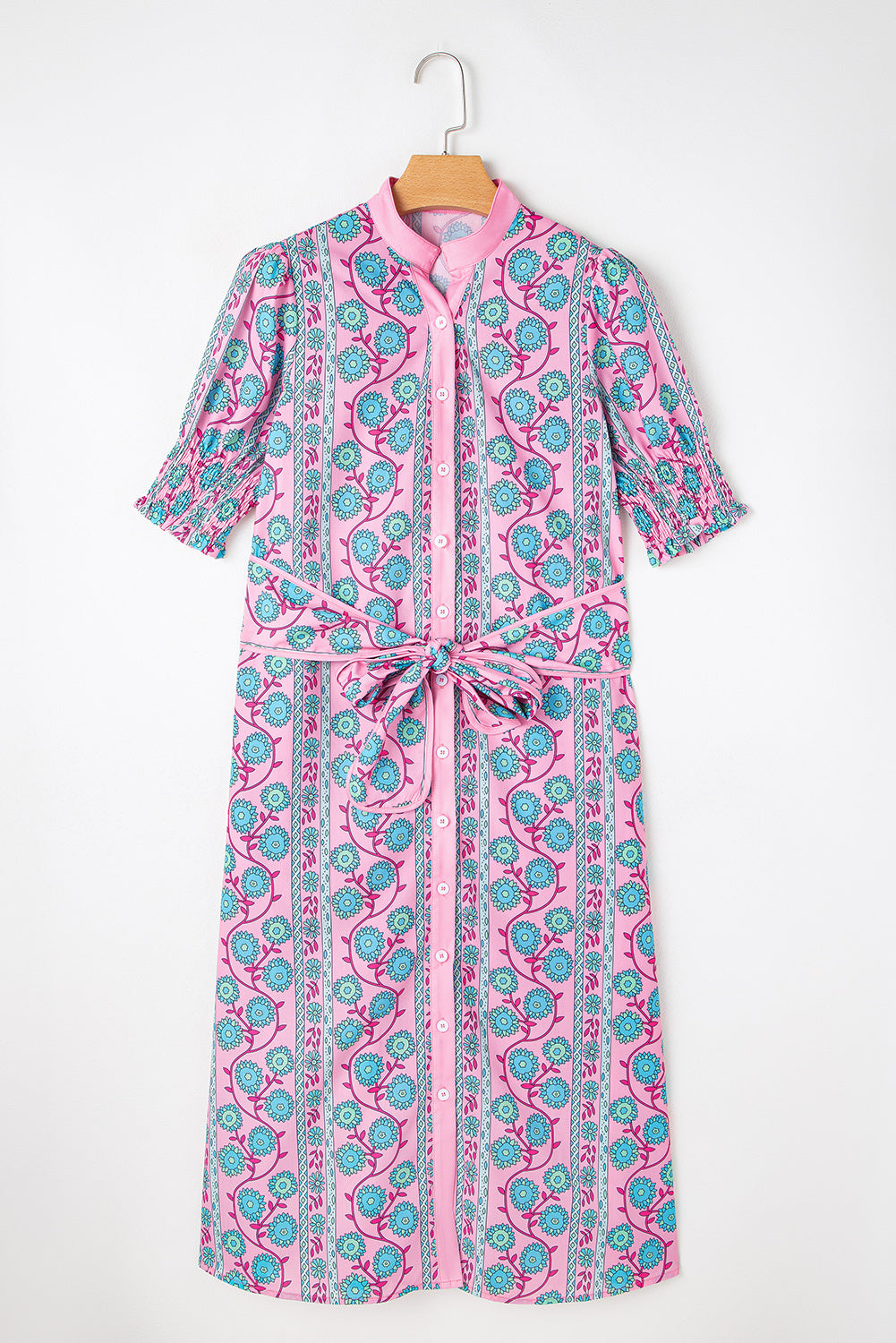 Pink Boho Floral Shirred Short Sleeve Belted Dress