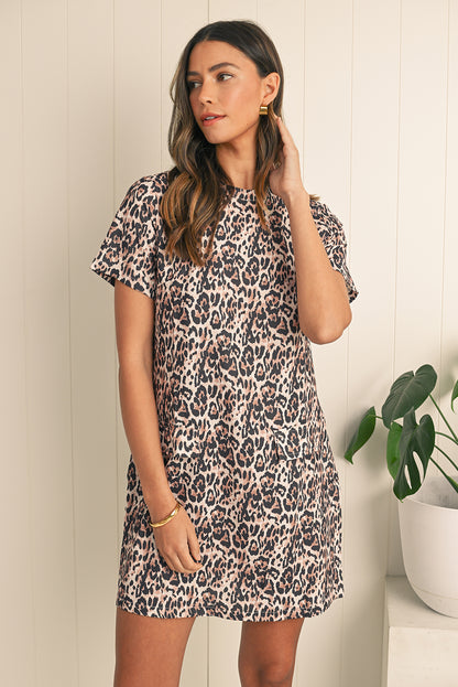 Brown Leopard Print Short Sleeve Pocket Mini Dress