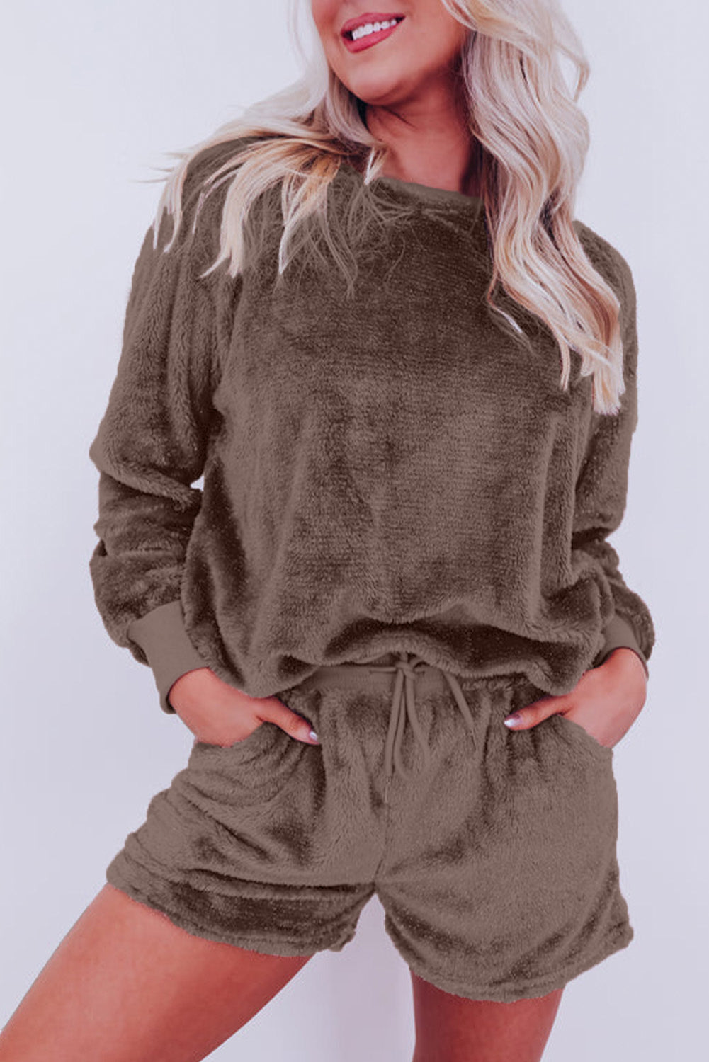 Coffee Solid Loose Fit High Waist Fleece Loungewear Set