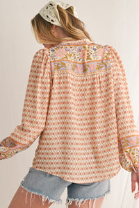 Multicolour Boho Floral Puff Sleeve V-Neck Button Blouse