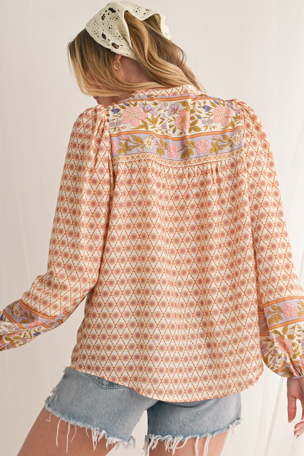 Multicolour Boho Floral Puff Sleeve V-Neck Button Blouse